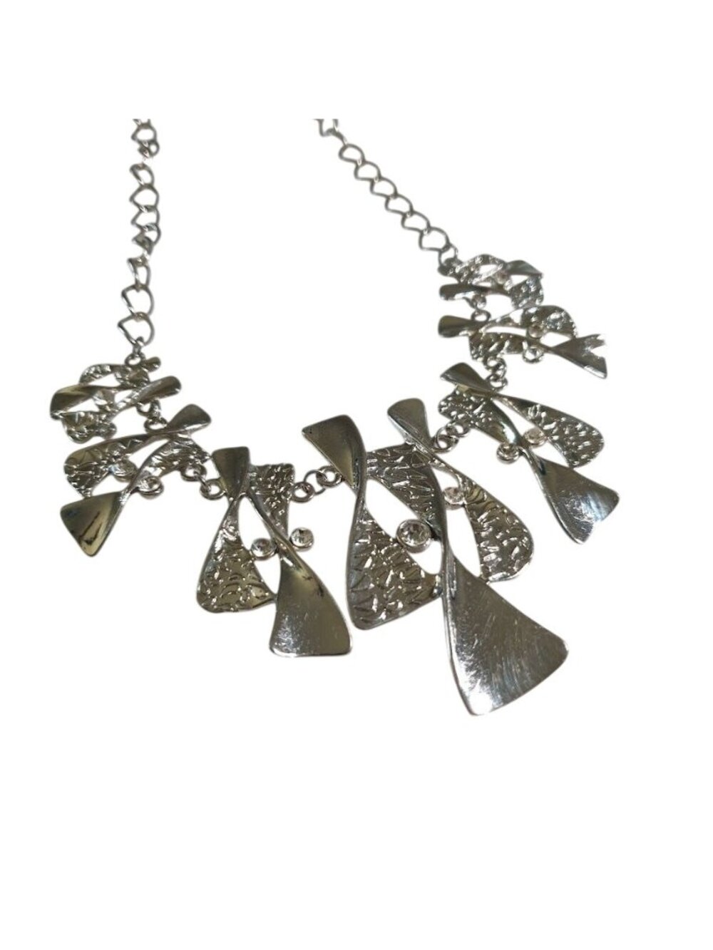 Silver Tone Abstract Statement Necklace Lobster Clasp Adjustable Chain Modern